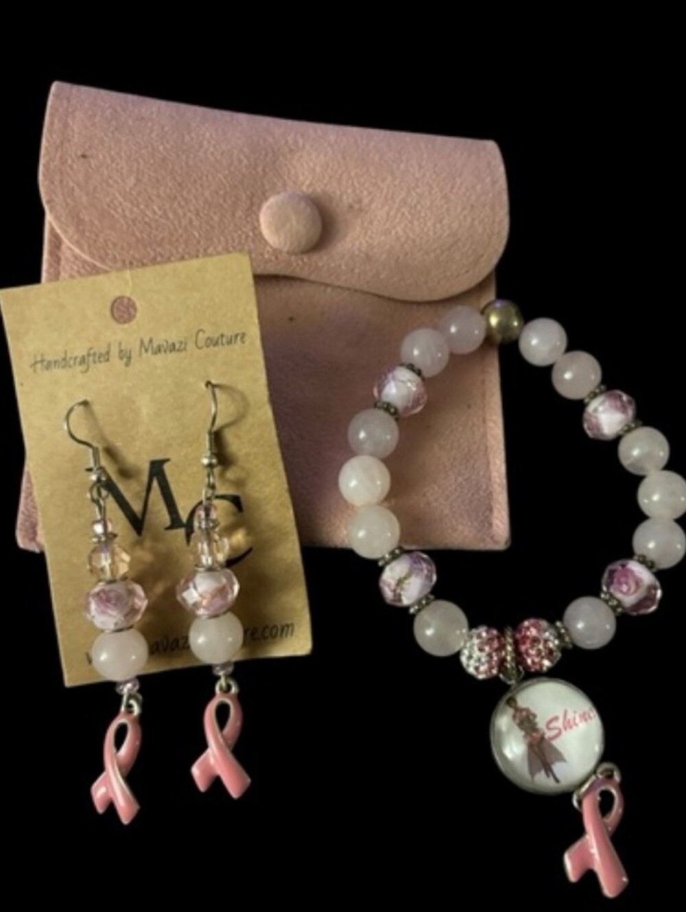 Handcrafted Breast Cancer Awareness Earrings and Bracelet Set NWT